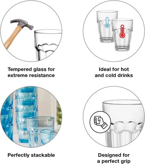 Collage showing stackable 12.5oz glass tumblers: durability, stackability, grip design, hot and cold drink use.