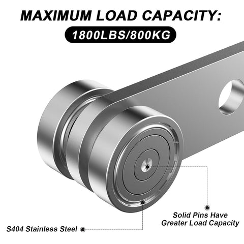 Close-up of silver finish two wheel trolley assembly rollers made of S404 stainless steel, showing 1800lbs/800kg load capacity.