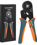 Self Adjusting Wire Ferrule Crimping Tool With Square Jaw For AWG 28-5, Pro Grade Ratchet Pliers shown with packaging
