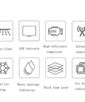 Icons showing features of countertop ice maker with portable cube machine for home or bar, including easy to clean and LED indicator.