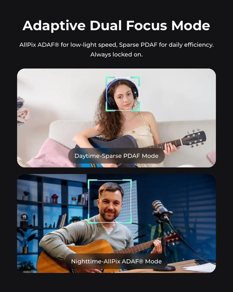 Image showcasing Tiny But Mighty AI Auto Tracking 4K Webcam with dual focus mode in action during daytime and nighttime.