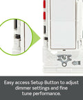 White Rocker Slide Dimmer Switch For LED And Incandescent Bulbs 150 Watt Single Pole Or 3 Way Wall Control With No Neutral Wire Required showing easy access setup button.
