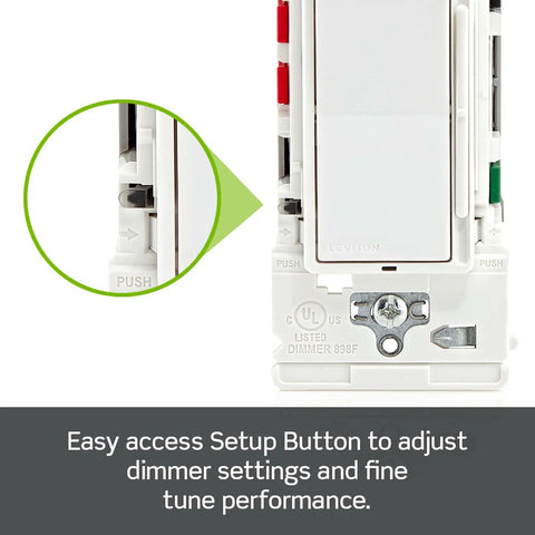 White Rocker Slide Dimmer Switch For LED And Incandescent Bulbs 150 Watt Single Pole Or 3 Way Wall Control With No Neutral Wire Required showing easy access setup button.