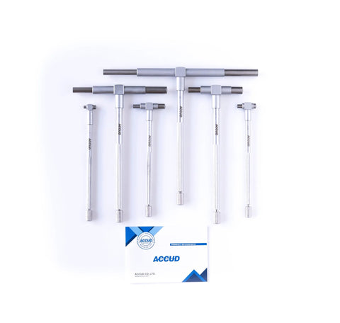 ACCUD telescoping bore gauge set, 5/16–6 in range, satin chrome finish, self-centering T-bore gauges in plastic case