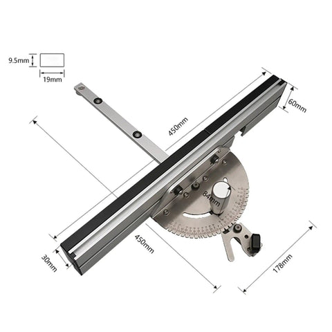 Rock Solid 450mm Table Saw Miter Gauge With Extended Fence Precision Repeat Cut Stop Anti Wobble Design showing exact measurements and details.