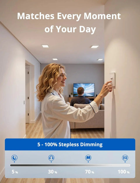 Woman adjusting dimmer in living room with 6 Pack 8 Inch Square LED Recessed Ceiling Light Dope 5CCT 2700K To 5000K Dimmable