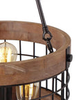 Close-up of round wood and metal chandelier with three lights and rubber insulated cord, 14-inch diameter and vintage style.