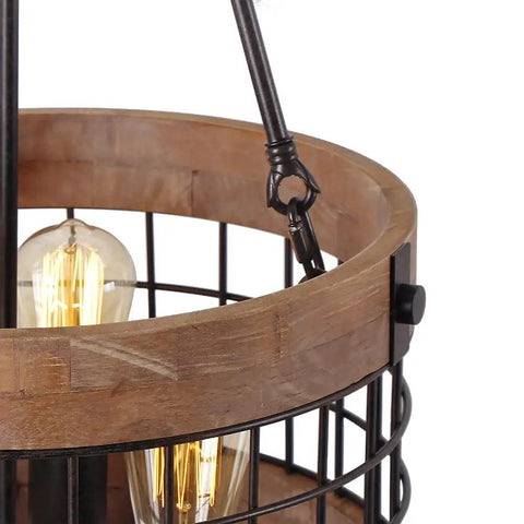 Close-up of round wood and metal chandelier with three lights and rubber insulated cord, 14-inch diameter and vintage style.