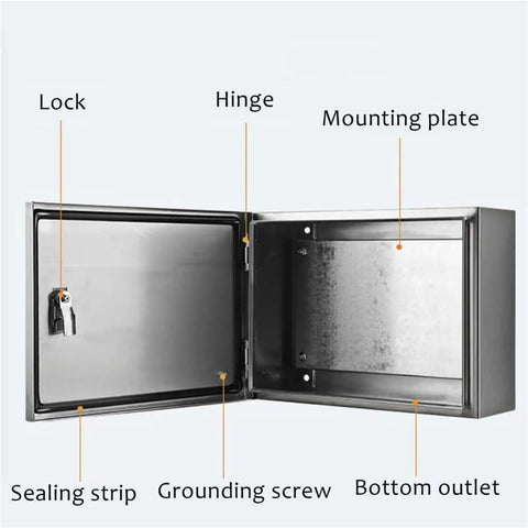 Stainless Steel Outdoor Electrical Box Enclosure With Hinged Cover Built Tough For Home Use Waterproof Junction Chest Style Housing In Protective Cabinet For Indoor Outdoor Wiring With 4 6 8 Or 10 Inch Depth Options 24 By 30 By 8 Inch, open door view