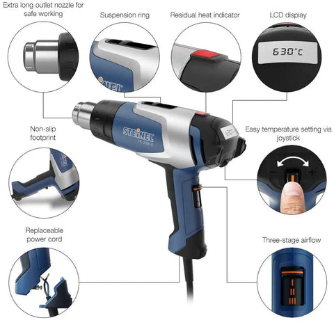 Heavy Duty 2200W Hot Air Gun With Variable Temperature 60C To 630C, LCD Display, Three Airflow Speeds, Durable Pro Grade Tool