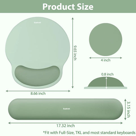 3 In 1 Gel Memory Foam Keyboard Wrist Rest And Mouse Pad Set For Gaming And Office, Sage Green, with dimensions labeled.