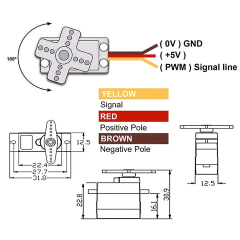 MG90S Micro Servo Pack 8 Pack 180 Degree 9G Geared Servos wiring diagram and dimensions for RC planes, boats, and robots