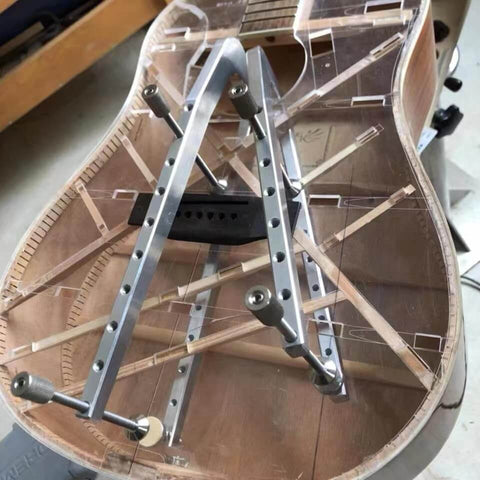Aluminum Alloy Acoustic Guitar Repair Tool Set With CNC Machined Clamp for Back Panel Cracks and Opening, adhesive repair in progress
