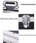 Close-up of Large Aluminum Alloy Tool Case With Locking Latch showing load-bearing handle, metal locks, and alloy frame details.