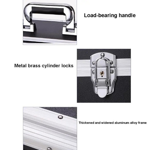 Close-up of Large Aluminum Alloy Tool Case With Locking Latch showing load-bearing handle, metal locks, and alloy frame details.