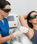 Legit Laser Safety Goggles For Hair Removal, worn during a laser treatment session for safe shielding of eyes.
