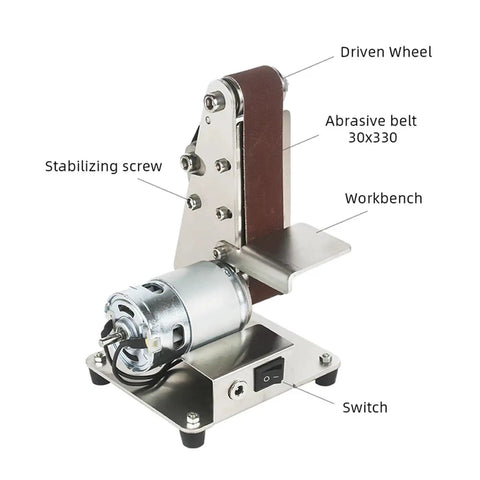 Compact Mini Electric Belt Sander And Grinder Machine For Desktop Use, features stainless steel and a steady workbench.