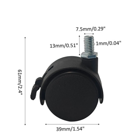 Dimensions of Four Pack One Point Five Inch M8 Threaded Stem Nylon Swivel Caster Wheel With Locking Brakes for Furniture Office Chairs