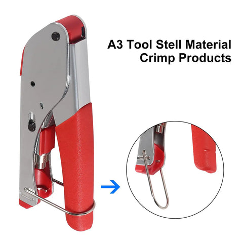 Coax Cable Compression Tool Kit With Rotary Stripper And Crimping Tool close-up showing steel crimp mechanism and red handle