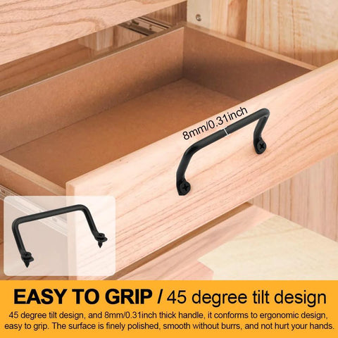 Matte Black 4 Inch Cabinet Pulls 4 Pack With Screws Modern Iron Drawer Handles installed on a wooden drawer showing 45-degree tilt grip design