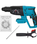 No-Brainer Brushless 4-Piece Cordless Power Tool Set Including Angle Grinder Hammer Drill Impact Wrench, featuring a blue drill, instructions, and accessories.