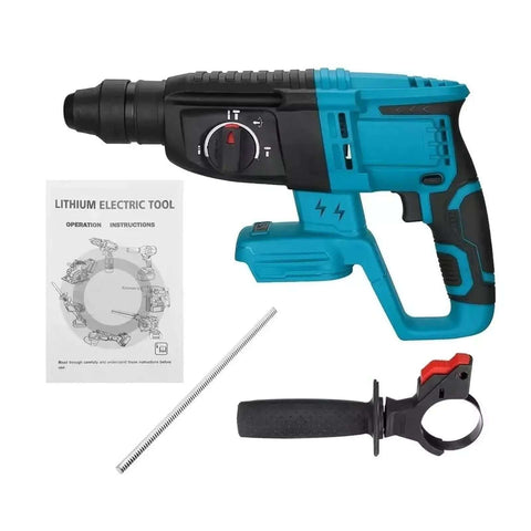 No-Brainer Brushless 4-Piece Cordless Power Tool Set Including Angle Grinder Hammer Drill Impact Wrench, featuring a blue drill, instructions, and accessories.