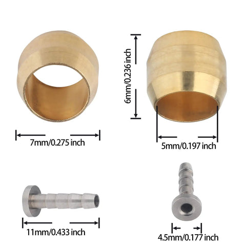 Bike Disc Brake Olive And Connecting Insert Kit for Shimano BH90 Hydraulic Hose with brass olives and stainless steel inserts sizes.