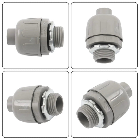 Half Inch Npt Conduit Connectors in gray, showcasing stress-free snap together design for rigid electrical wiring.