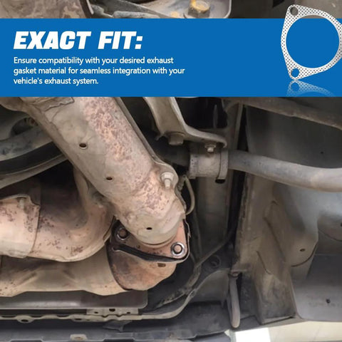 Exhaust flange gasket installed on 3.5-inch exhaust pipe under vehicle; reinforced high-temp automotive part.