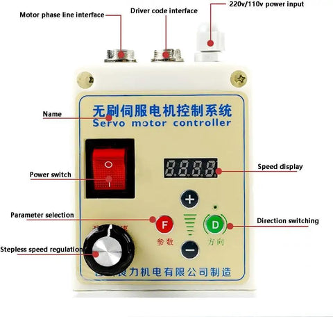 Front view of a 750W Silent Brushless Servo Motor speed controller display with buttons and power switch for belt sander DIY lathe.