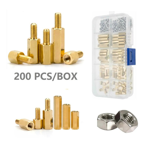 Heavy Duty M2.5 Brass Hex Standoffs And Stainless Steel Screws With Slick Storage Box Pro Grade Hardware Kit For PCB Motherboard Repair and assorted fasteners in clear box.