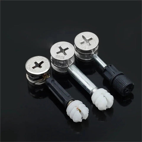 Rock Solid Cam Lock Fittings 50 Piece Thickened Furniture Hardware Kit With Cam Screws And Eccentric Wheel Nuts close-up view of cam screws and connectors.
