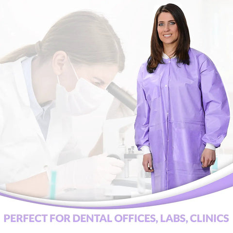 Knee Length Lab Coats 50G SMS, Unisex 10 Pack, Anti Static, Knit Cuffs, Pockets, Purple, Durable Pro Grade Medical Wear for Dental Hospitals Clinics, Reusable and Washable, Autoclavable Up To Five Uses