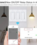 User operating Three-Way Smart Light Switch for Wall, 3-Gang, 2.4GHz WiFi with Smart Life Tuya app on smartphone.