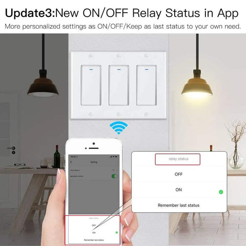 User operating Three-Way Smart Light Switch for Wall, 3-Gang, 2.4GHz WiFi with Smart Life Tuya app on smartphone.