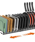 Expandable Cutting Board And Bakeware Organizer Rack With 14 Adjustable Dividers For Cabinets Counters Or Under Sink