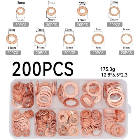 Heavy Duty Copper Flat Washer Kit With Storage Box, Metric M4 To M14 Gasket Assortment For Automotive And Mechanical Repair, Sealing Washers, 200 Pieces, All Purpose Hardware Set in assorted sizes