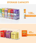 Game Changing Drink Packet Organizer With Adhesive And Magnet Mount For Fridge Cabinet Featuring Slide Out Dividers To Keep Your Kitchen Pantry Fully Loaded And Always Slick, showing storage for 108 drink packets and 45 tea bags in transparent acrylic.