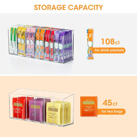 Game Changing Drink Packet Organizer With Adhesive And Magnet Mount For Fridge Cabinet Featuring Slide Out Dividers To Keep Your Kitchen Pantry Fully Loaded And Always Slick, showing storage for 108 drink packets and 45 tea bags in transparent acrylic.