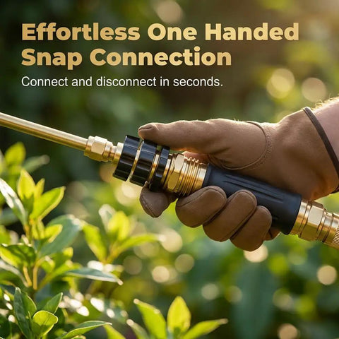 Hand holding Three Quarter Inch Hose Quick Connect Fittings Kit 2026 Model Water Hose Adapter, demonstrating easy snap connection.