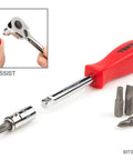Heavy Duty Quarter Inch Drive 33 Piece Socket And Ratchet Set With Six Point Standard And Deep Sockets Four To Fourteen Millimeters Universal Joint And Extensions Plus Hex Bit Holder For Auto Repair And Do It Yourself Projects with red handle and hex bits