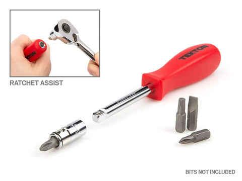 Heavy Duty Quarter Inch Drive 33 Piece Socket And Ratchet Set With Six Point Standard And Deep Sockets Four To Fourteen Millimeters Universal Joint And Extensions Plus Hex Bit Holder For Auto Repair And Do It Yourself Projects with red handle and hex bits
