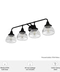 Cypress Grove 4 Light Natural Black Iron Vanity Light With Clear Holophane Glass Shade, medium size, dimmable, four bulbs shown