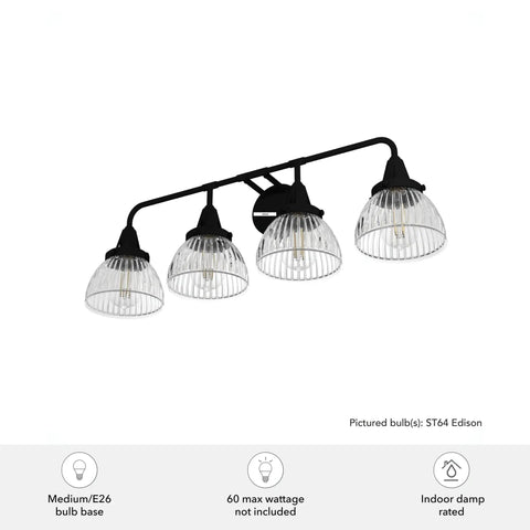 Cypress Grove 4 Light Natural Black Iron Vanity Light With Clear Holophane Glass Shade, medium size, dimmable, four bulbs shown