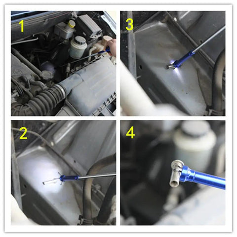 Demonstrating use of Telescoping Inspection Mirror With LED Lights And Flexible 4 Claw Magnetic Grabber Tool Set in engine area