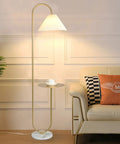 Modern Elegant Floor Lamp With Tray Shelf For Office Cafe Den Living Room Or Bedroom, Brass Gold Finish, Warm Light Yellow Pleated Cloth Lampshade