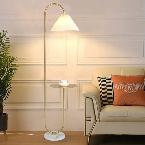 Modern Elegant Floor Lamp With Tray Shelf For Office Cafe Den Living Room Or Bedroom, Brass Gold Finish, Warm Light Yellow Pleated Cloth Lampshade