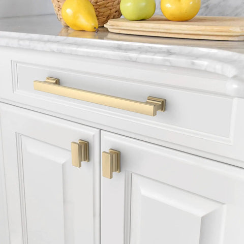 Champagne Bronze Cabinet Pulls 20 Pack 5 Inch Center Hole Kitchen Cabinet Hardware Brushed Brass Gold Drawer Handles on white cabinet