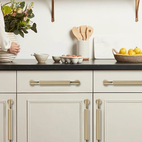 Modern kitchen with Ten Pack 5 Inch Satin Brass Cabinet Pulls Heavy Duty Brushed Brass Handles on white cupboards