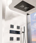 Slick Black Rain Shower System With Digital Display Concealed Wall Mounted Faucet Set Heavy Duty Brass Build, shower controls and dual spray heads.